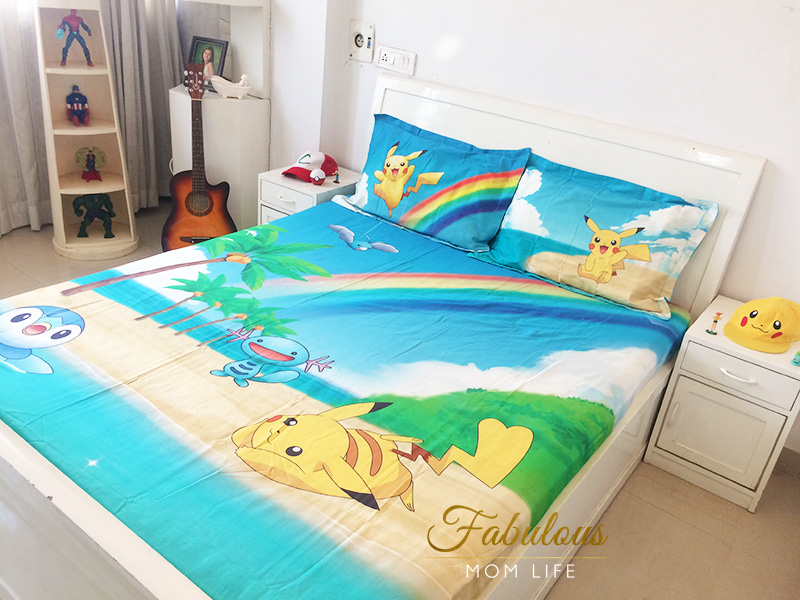 Pokemon Themed Kids Room Decor With Tangerine Bedsheets
