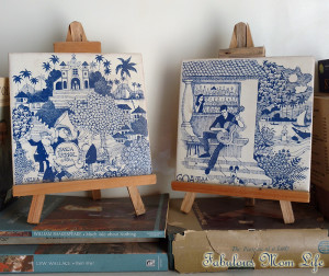 Azulejo Tiles from Goa adorn my bookshelf