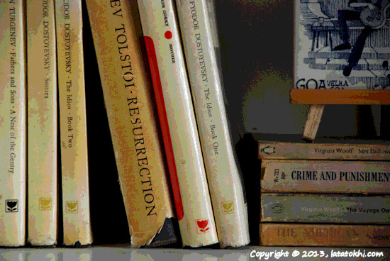 Blue and White TIles on Bookshelf