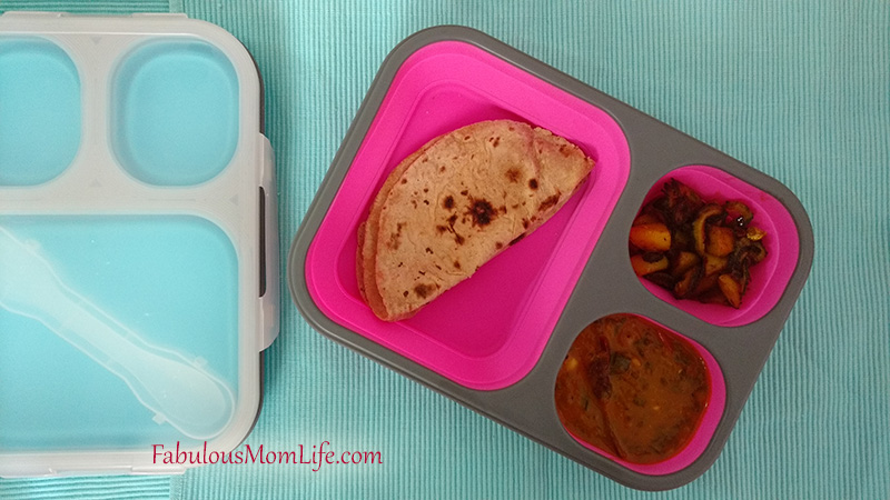 collapsible silicon lunch box with Indian food