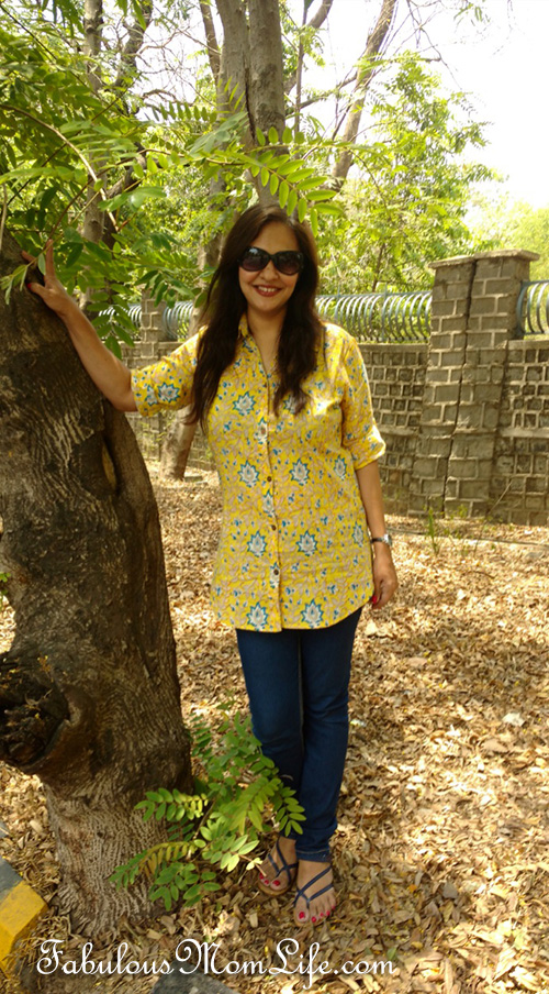 Yellow Tunic by Anouk paired with Blue Denims and Blue Sandals