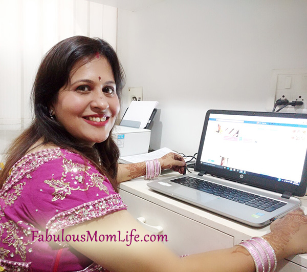 karwa chauth outfit - working on laptop