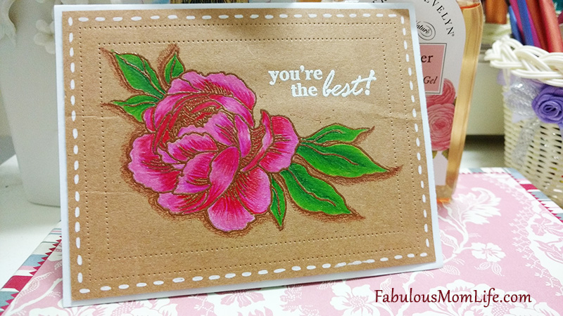 Hand stamped, heat embossed peony card pencil colored using Prismacolor 