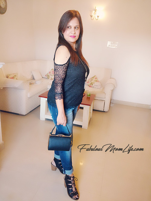 mommy fashion -cold shoulder lace top, dark jeans outfit
