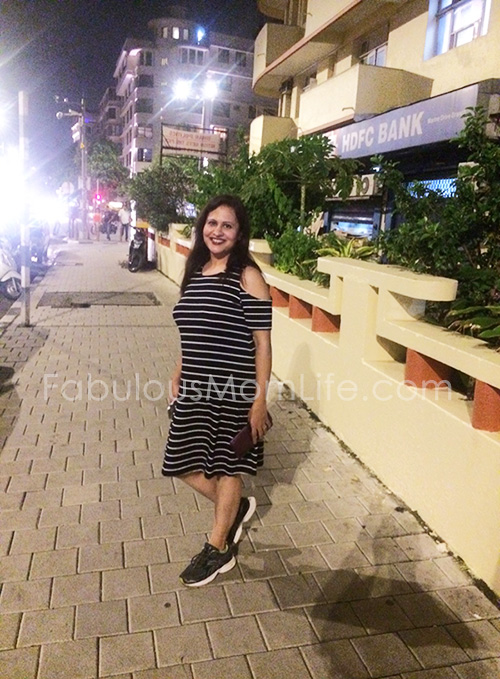 Black and White Striped dress with shoes outfit - South Mumbai Street Fashion
