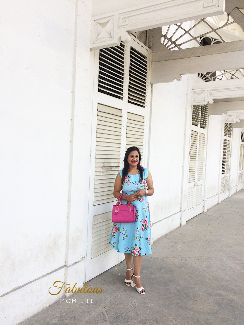 Blue Pink Floral Dress from Shein with Fuchsia ALDO bag