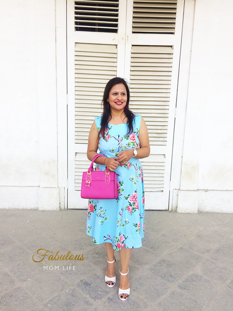Blue Pink Floral Dress outfit with Fuchsia ALDO bag