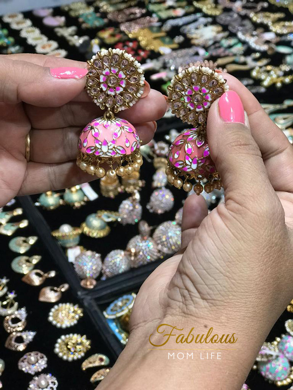 pink minakari jhumkas