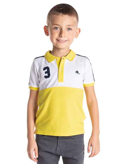 cut and sew polo shirt with contrasting ribbed collar and placket is effortlessly chic.The colorblock pattern and number three applique on the chest adds a dash of sass.