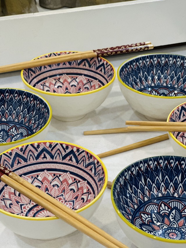 Mandala Floral Ceramic Bowl and Chopstick Set from Nestasia