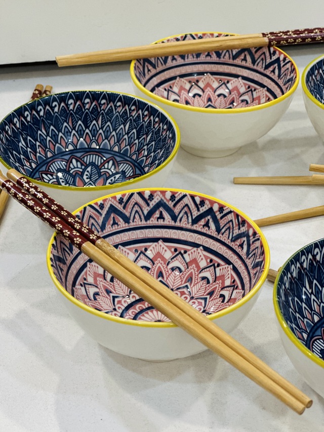 Mandala Floral Ceramic Bowl and Chopstick Set from Nestasia