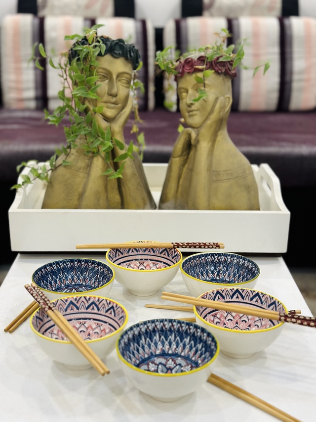 Mandala Floral Ceramic Bowl and Chopstick Set from Nestasia