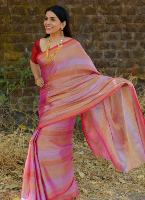 ACTRESS SONALI KULKARNI IN THE PEACH CROWN JEWEL TISSUE SAREE by Huts and Looms
