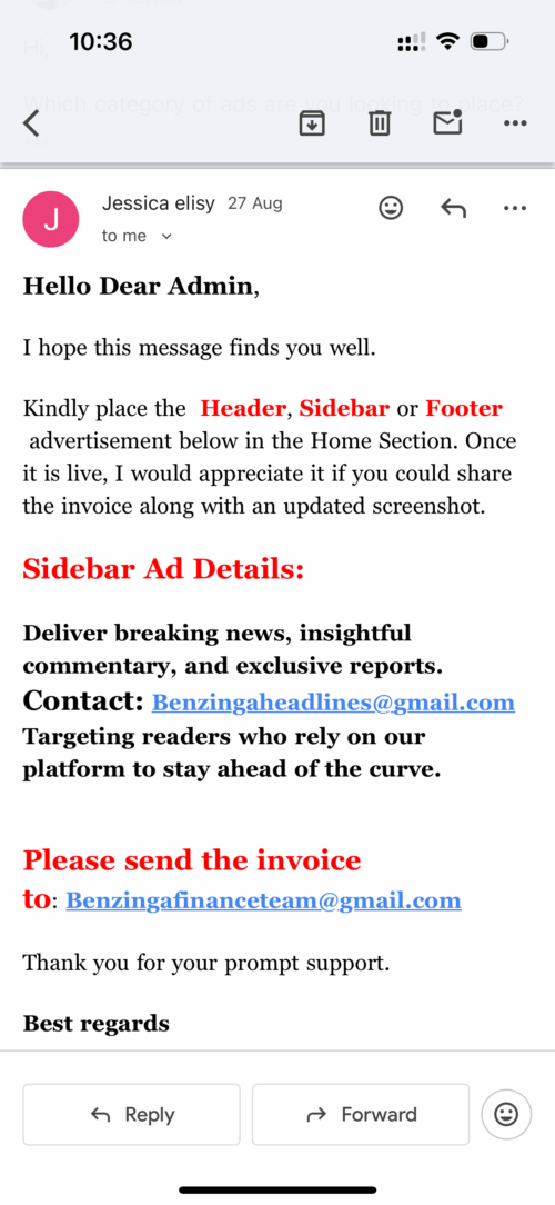 “Benzinga Advertisement” Email Scam