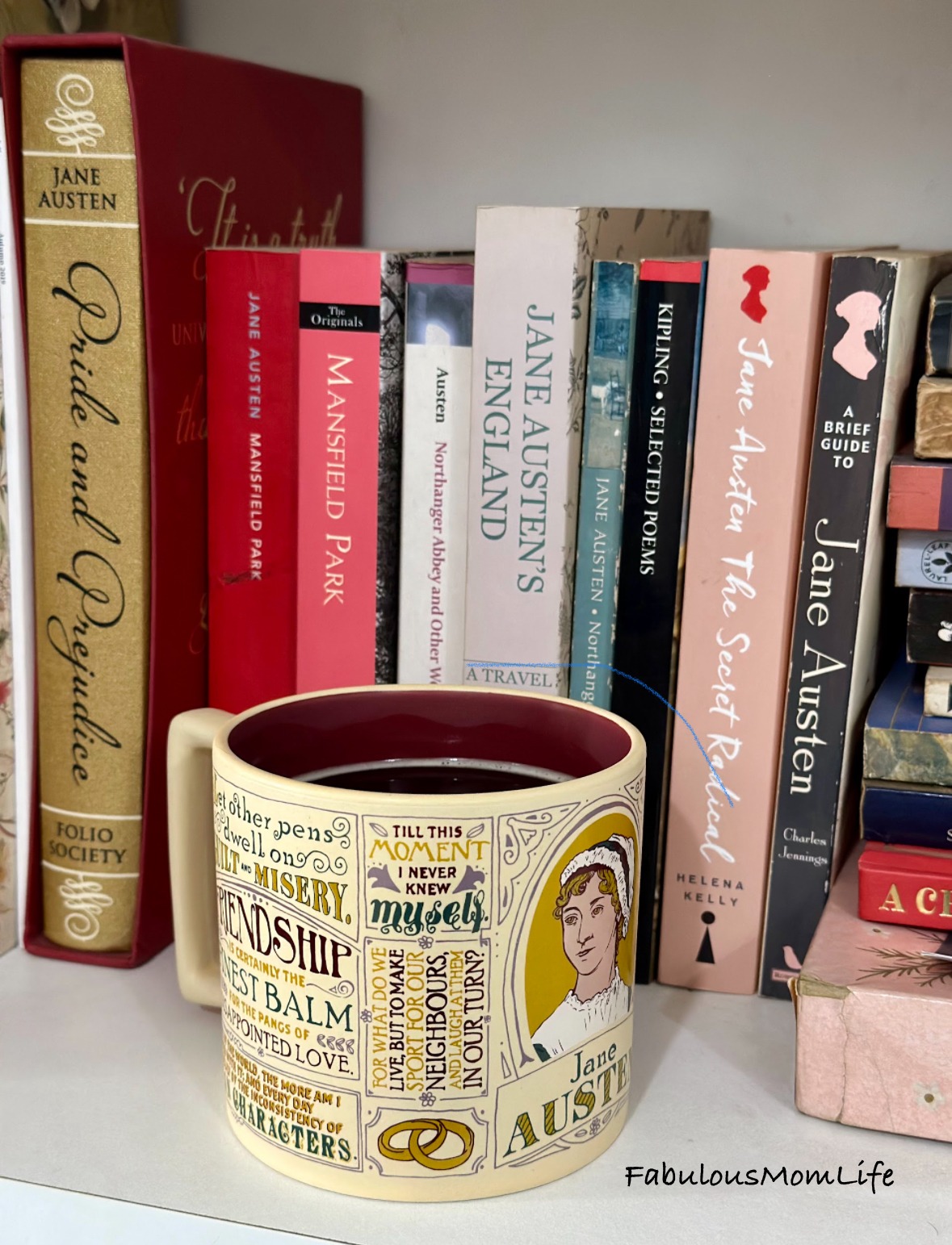 Proud Janeite - Just a Jane Austen Fan, celebrating with her books and a cup of coffee in a JA Quotes mug 