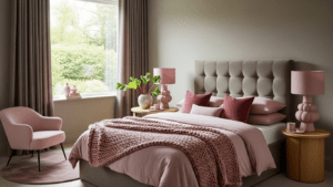 Modern taupe rhubarb and pink bedroom design