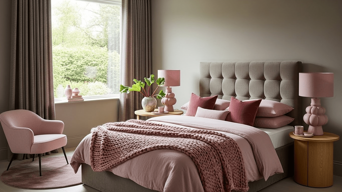 Modern taupe rhubarb and pink bedroom design