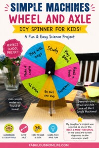 DIY Wheel and Axle Simple Machines project for kids made from cardboard and colored paper