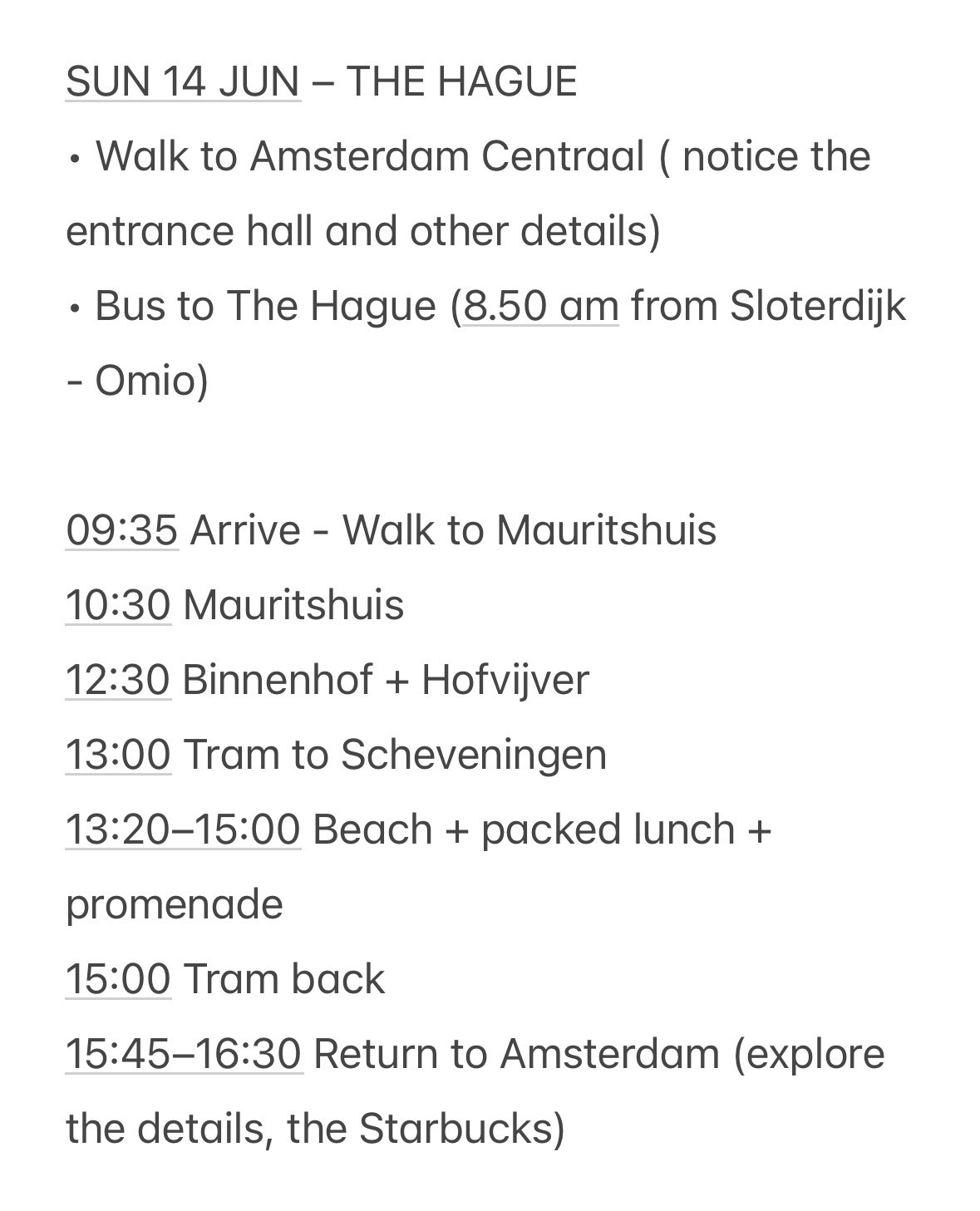 My itinerary for The Hague
