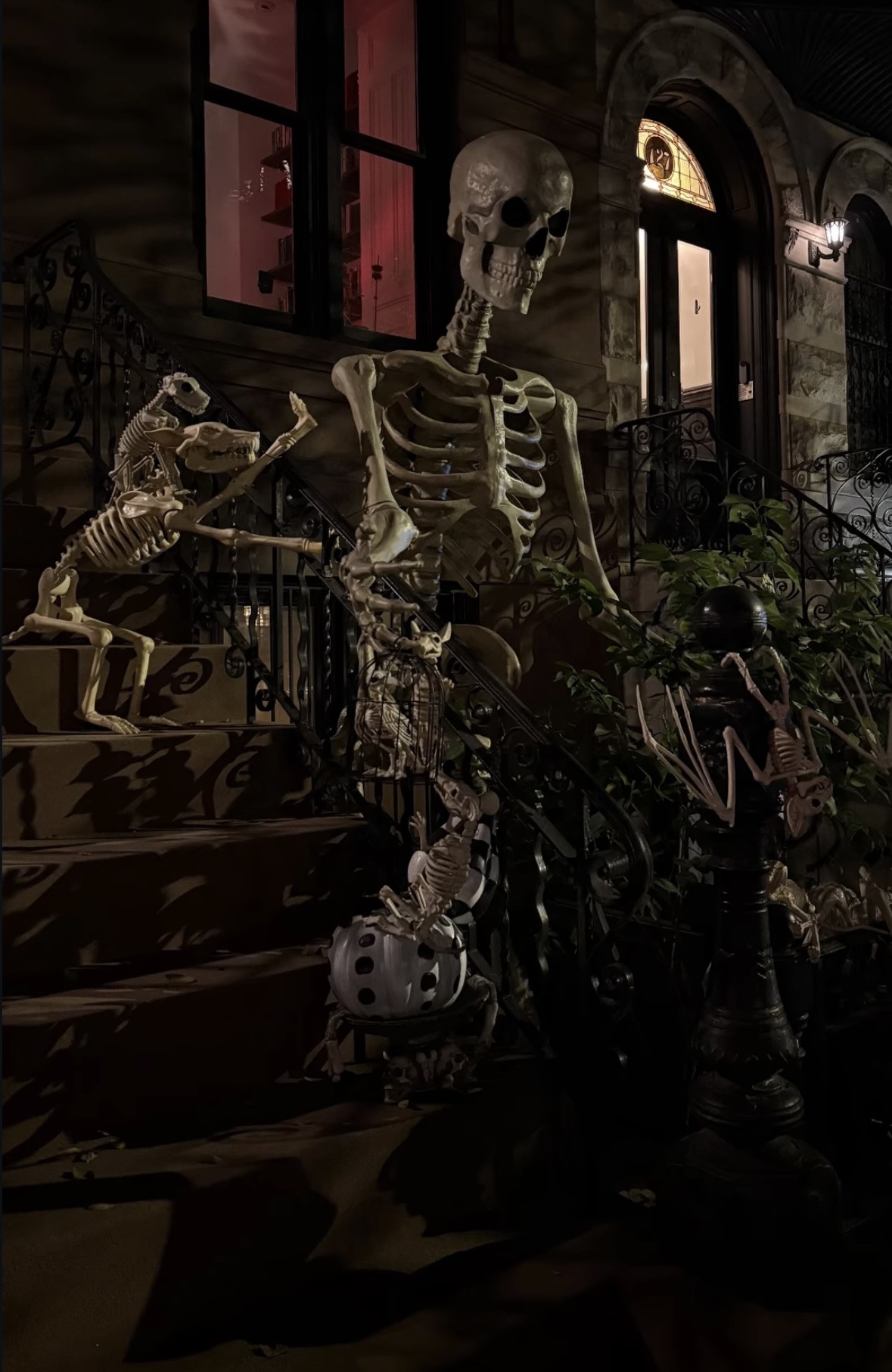 Giant skeleton on a dark townhouse staircase